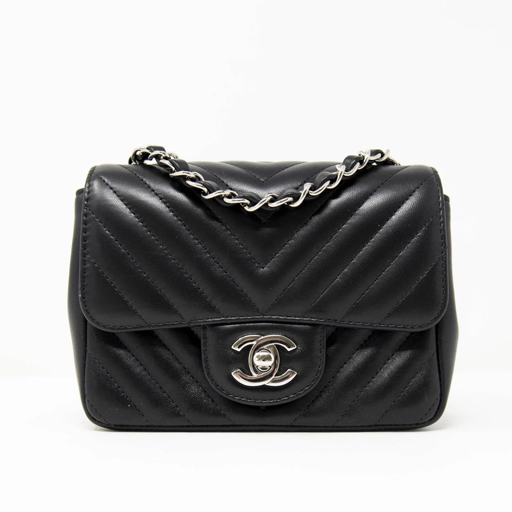 Chanel Lambskin Chevron Square Mini Flap Bag Black SHW
